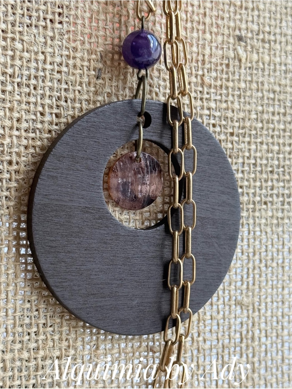 Amethyst and old Gold Chain Necklace with Purple Bead and Dark Wood Pendant